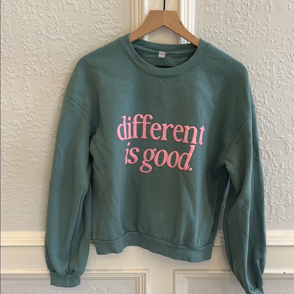 Different Is Good Cropped Teal Sweatshirt with Pink Puff Print Text | Large